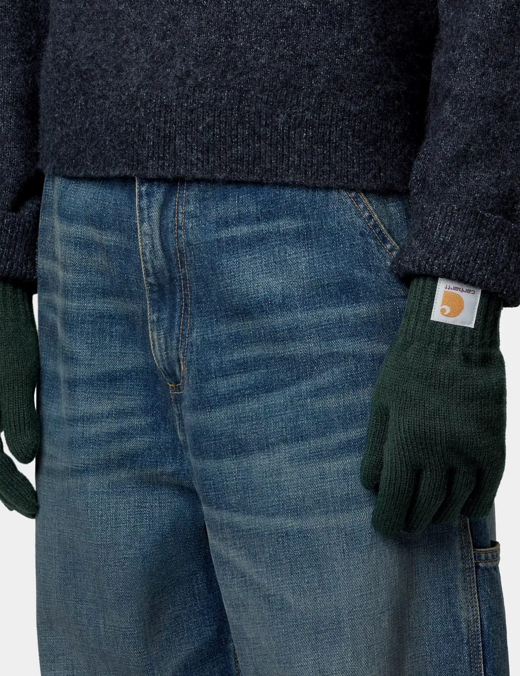 Dark green knit watch gloves with ribbed cuff