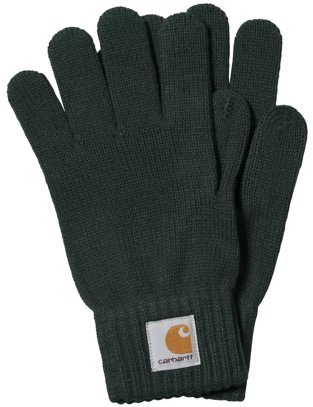 Dark green knit gloves with ribbed cuff and Carhartt logo patch