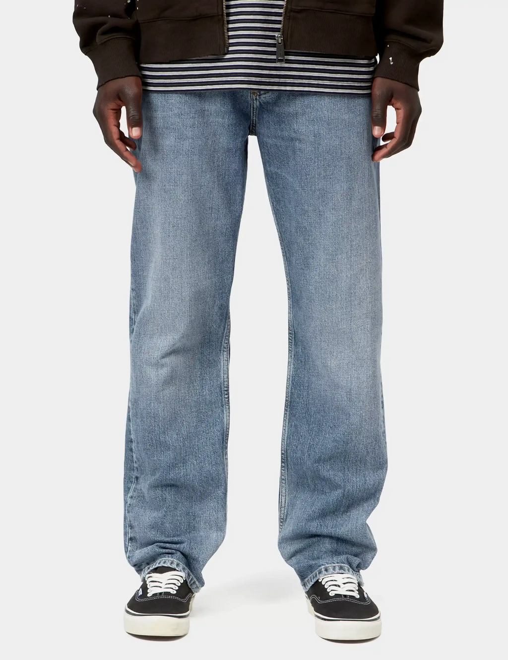 Worn bleached blue denim pant with straight-leg fit and relaxed cuffs