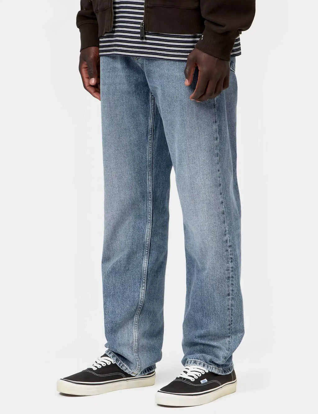Blue denim pant front view with straight legs and worn, bleached wash