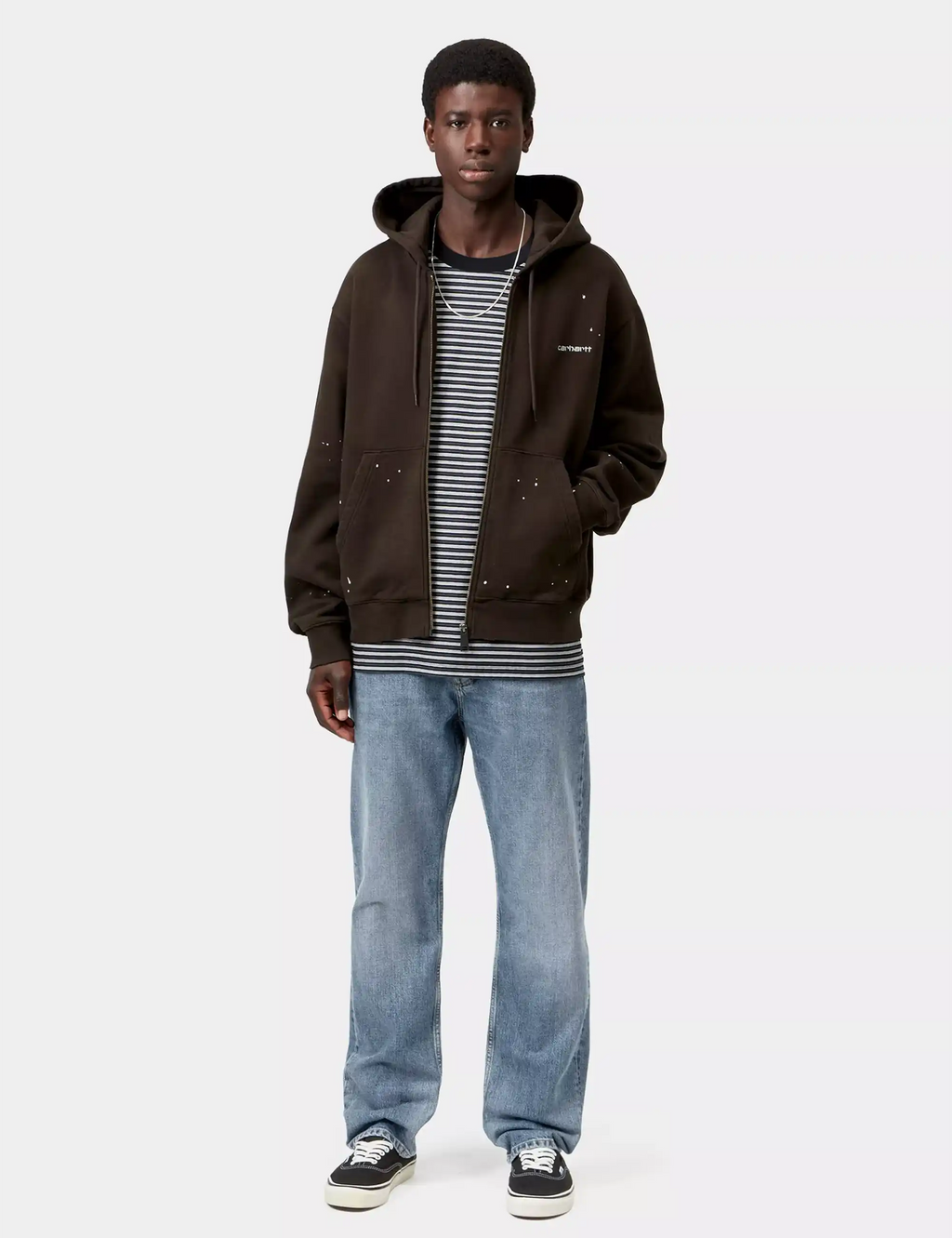 Blue worn denim pant with straight leg, belt loops, and five-pocket design