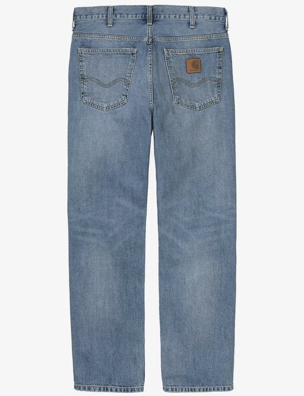 Blue denim pant front view with button waist, stitched pockets, and leather patch