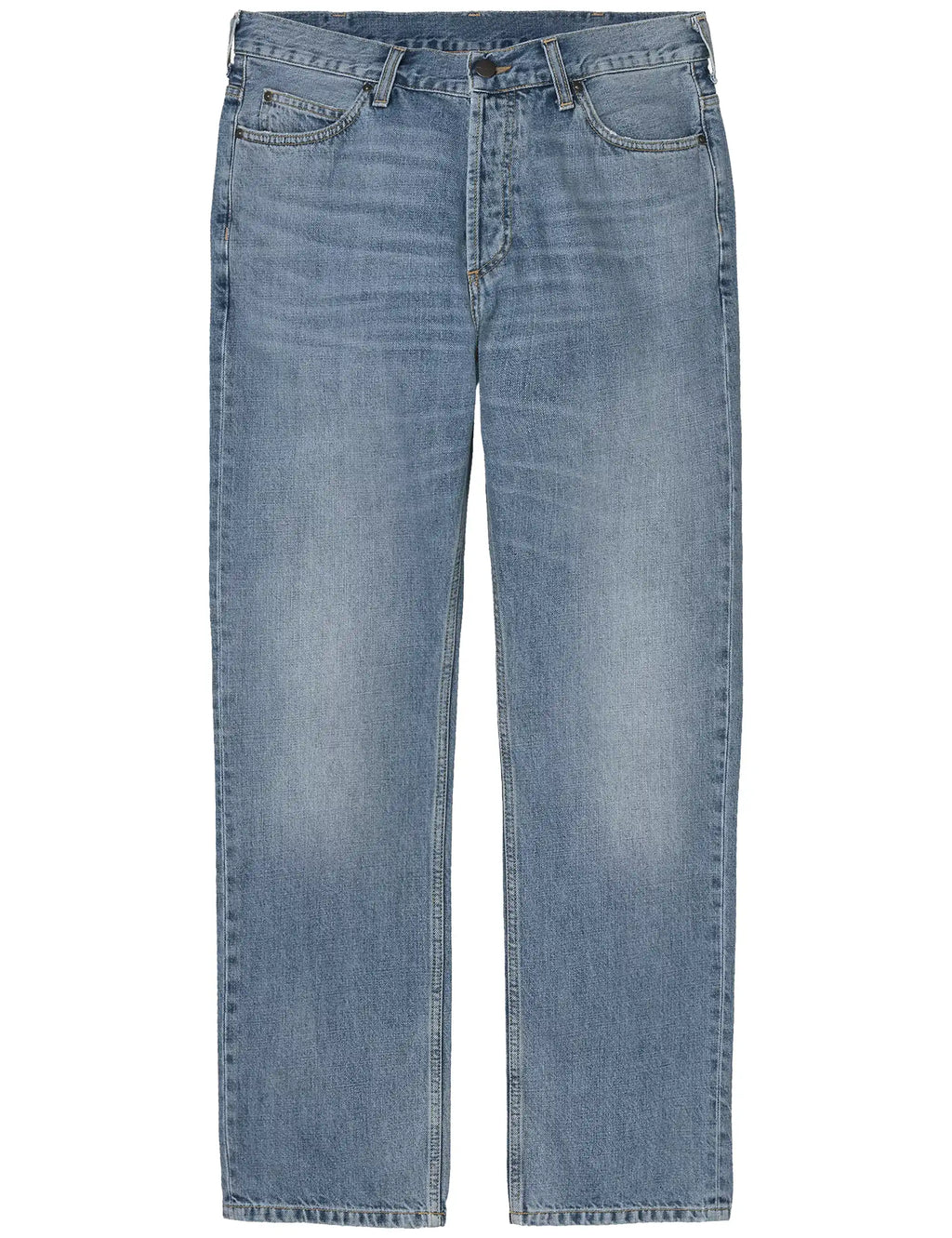 Blue denim pant back view with belt loops, seam details, and rear pockets