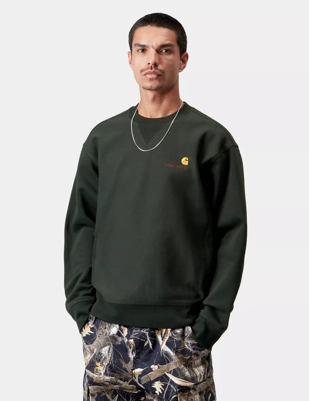 Carhartt WIP Raven dark green crewneck sweatshirt with small chest script logo