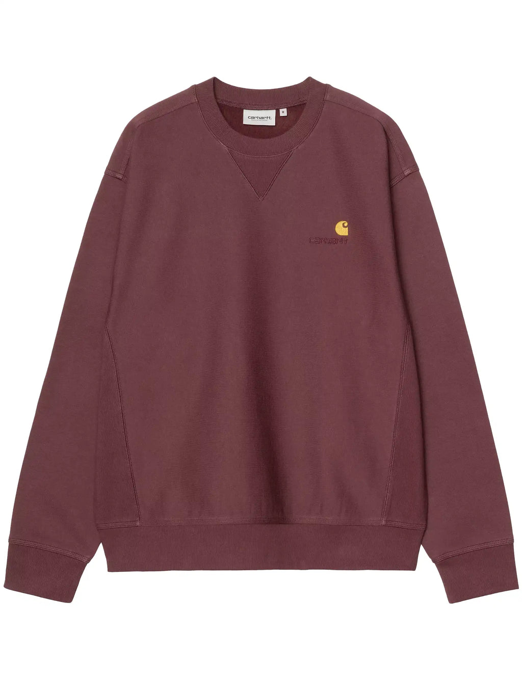 Maroon crewneck sweatshirt with small chest script logo, long sleeves and ribbed cuffs