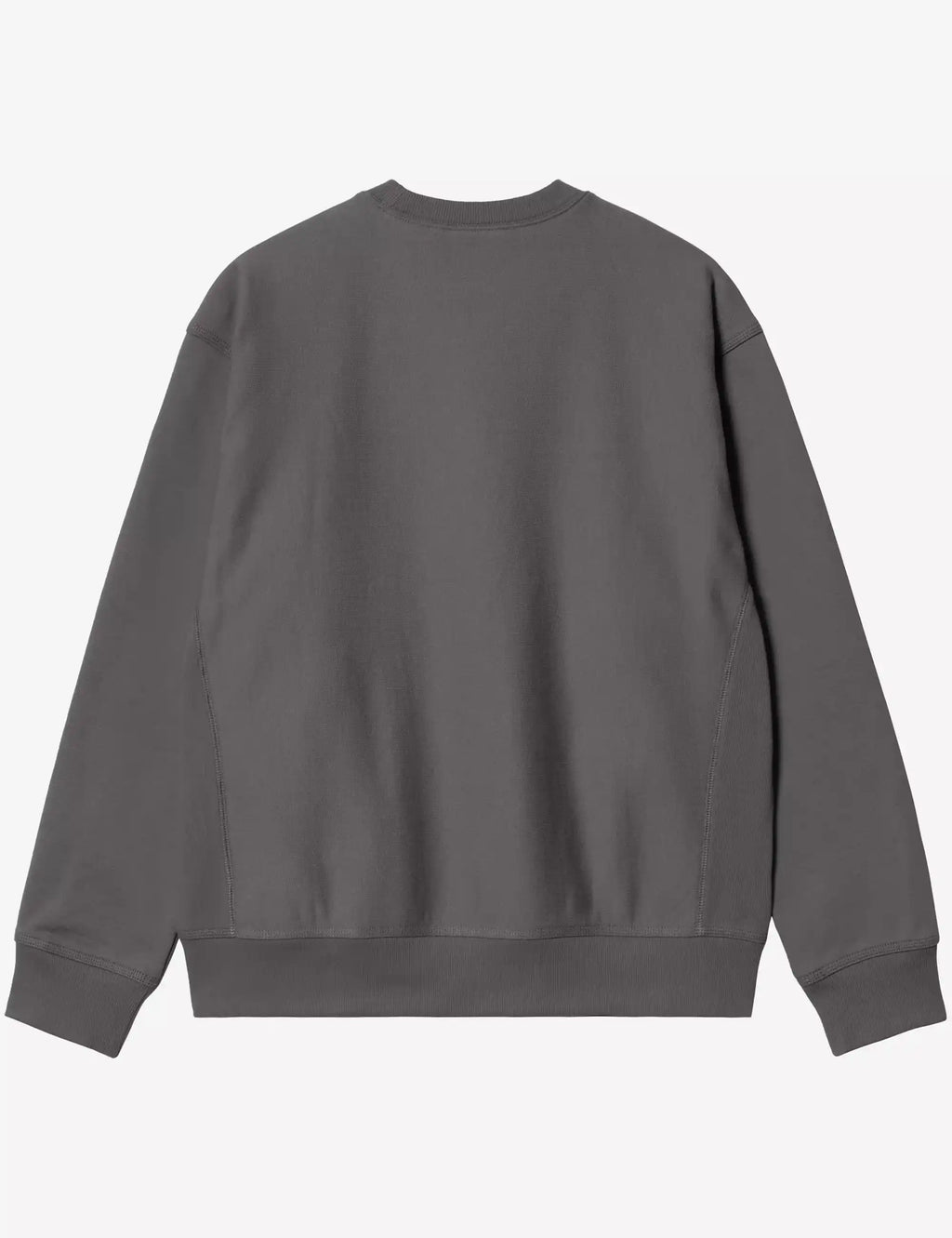 Carhartt WIP graphite crewneck sweatshirt back view, ribbed collar, cuffs and hem
