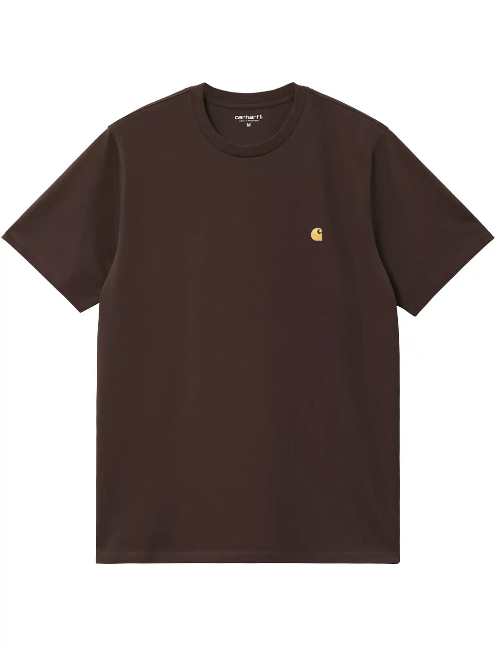 Brown crew-neck T-shirt with small gold chest logo, short sleeves.