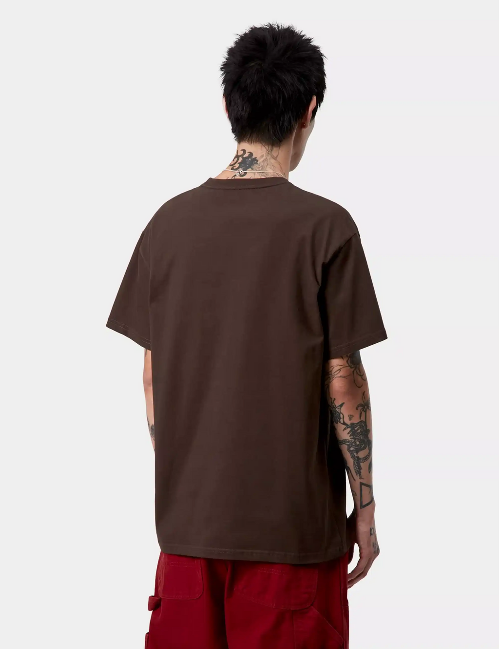 Brown crew-neck T-shirt back view, short sleeves, worn by model.