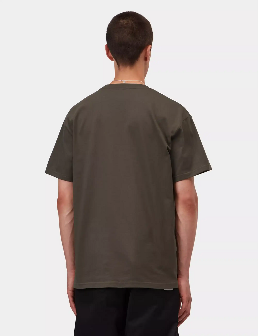 Dark brown t-shirt on model, back view with crew neck