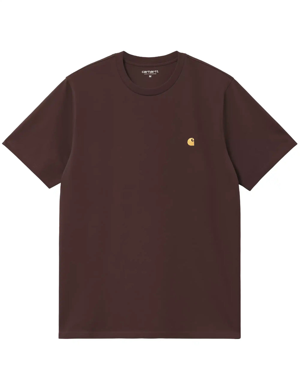 Chase T-shirt flat front in dark brown with gold chest logo, crew neck and short sleeves.