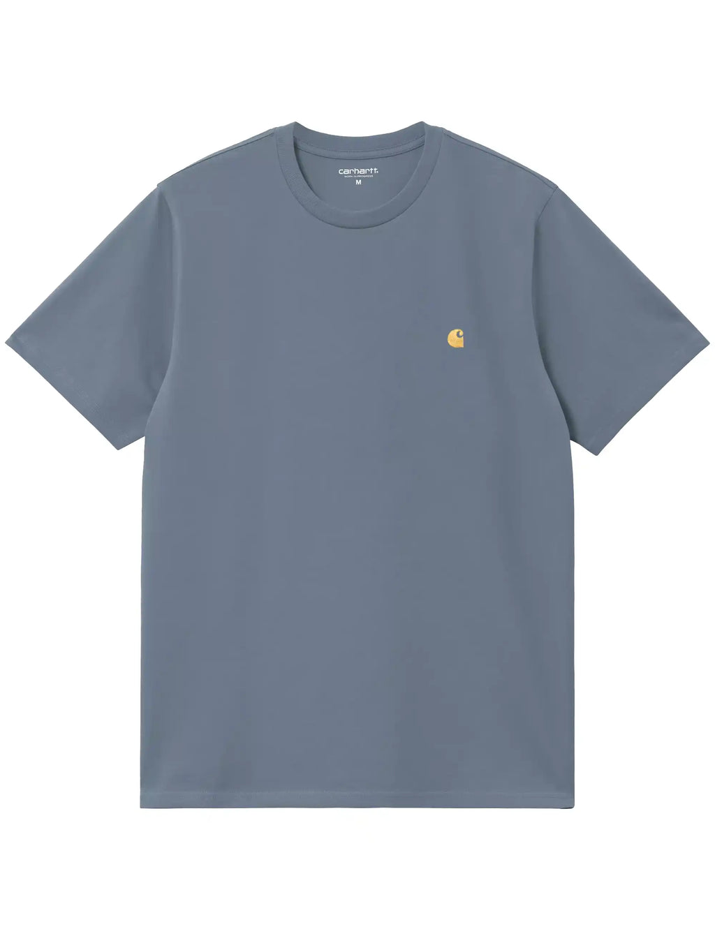Men's blue crew-neck T-shirt with short sleeves and small gold chest logo
