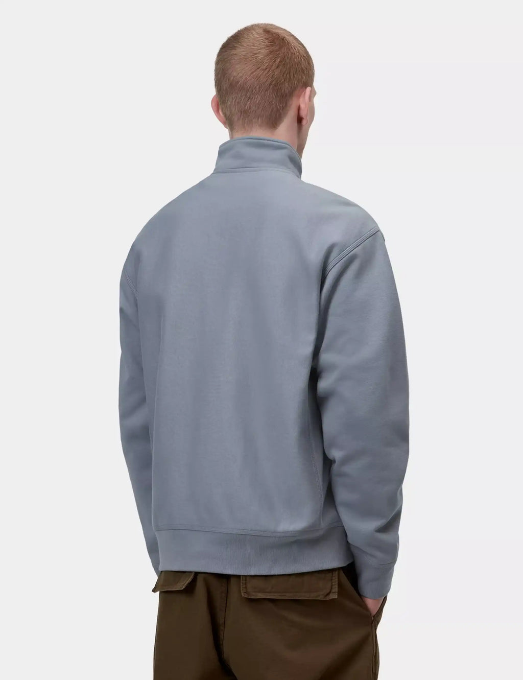 Shady blue half-zip sweatshirt, back view with stand collar and ribbed cuffs.