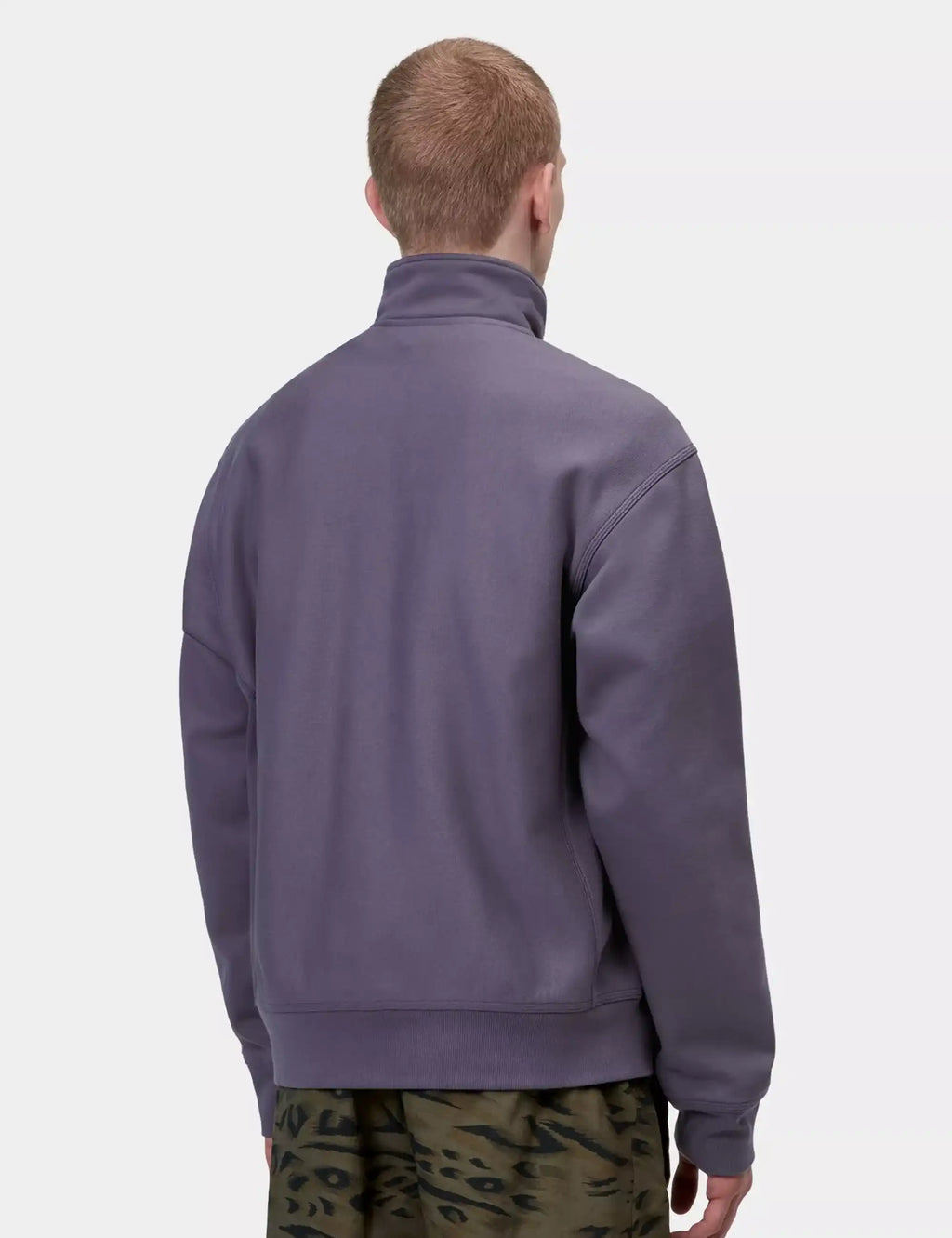 Men's purple half-zip sweatshirt, back view, ribbed hem and sleeves