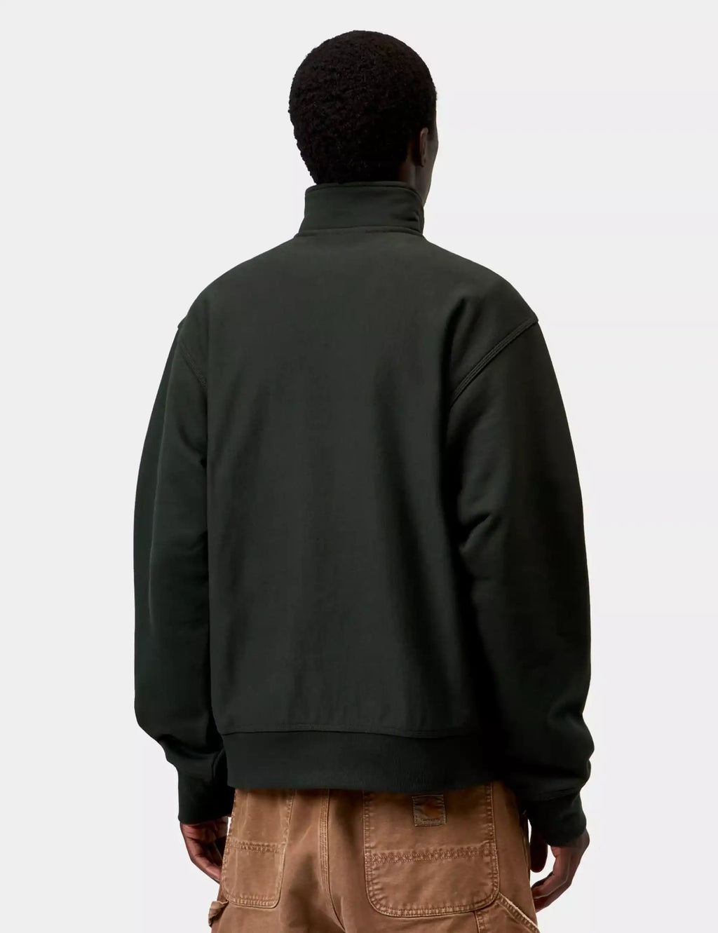 Carhartt WIP half-zip sweatshirt back view, dark green, ribbed hem and cuffs