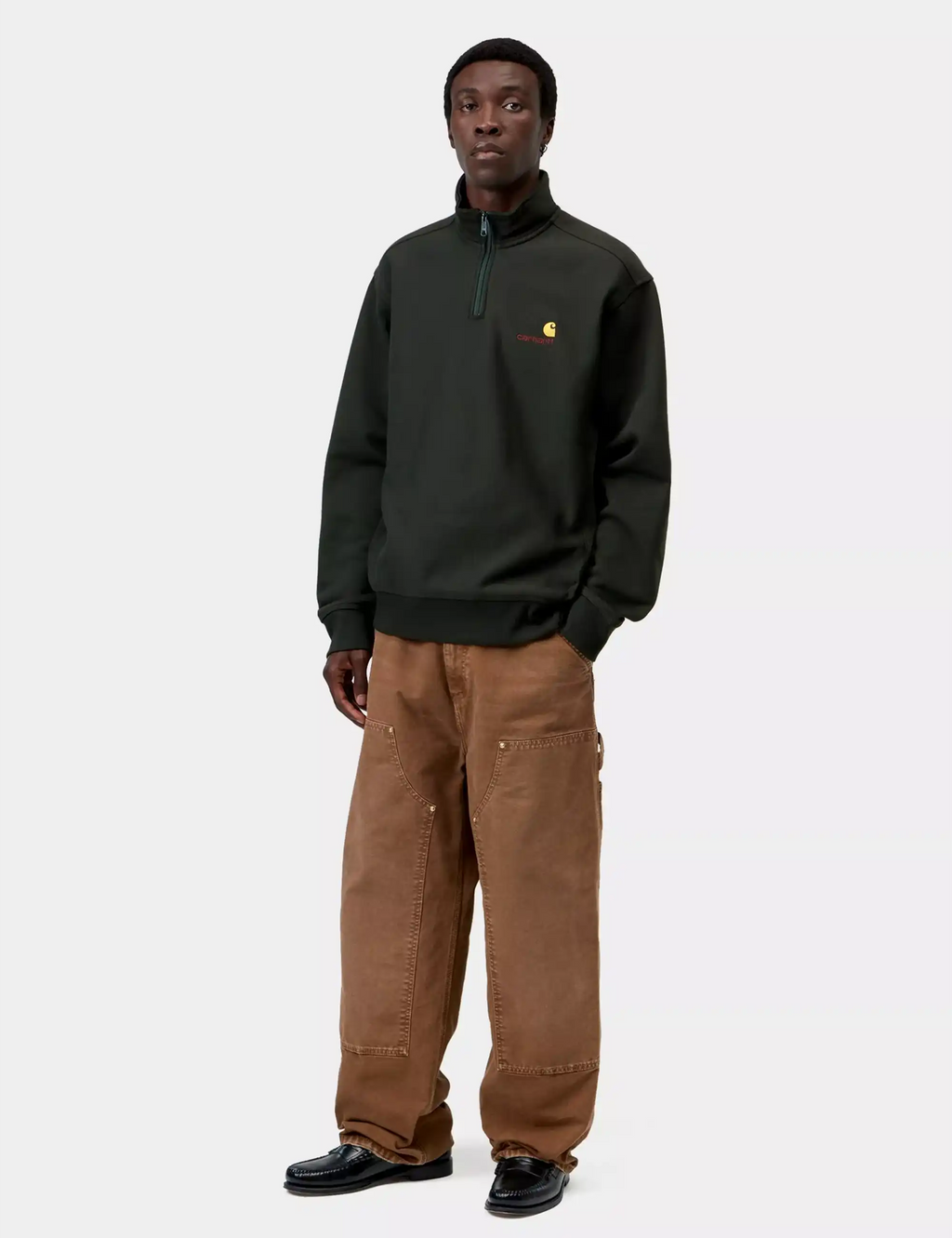 Carhartt WIP half-zip sweatshirt outfit, dark green, front logo and half-zip collar