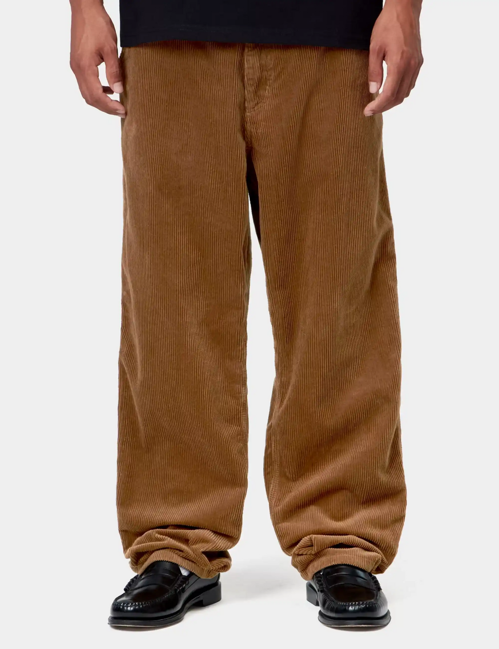 Brown corduroy pants with wide legs and gathered cuff hems at the ankle