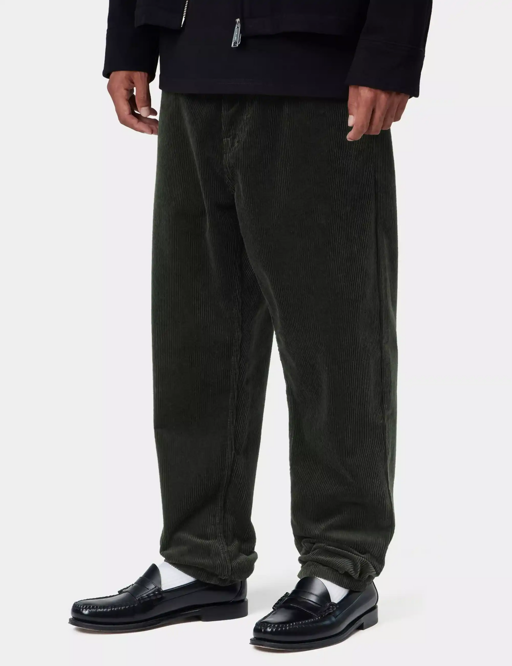 Dark corduroy pants with straight relaxed legs and front slash pockets