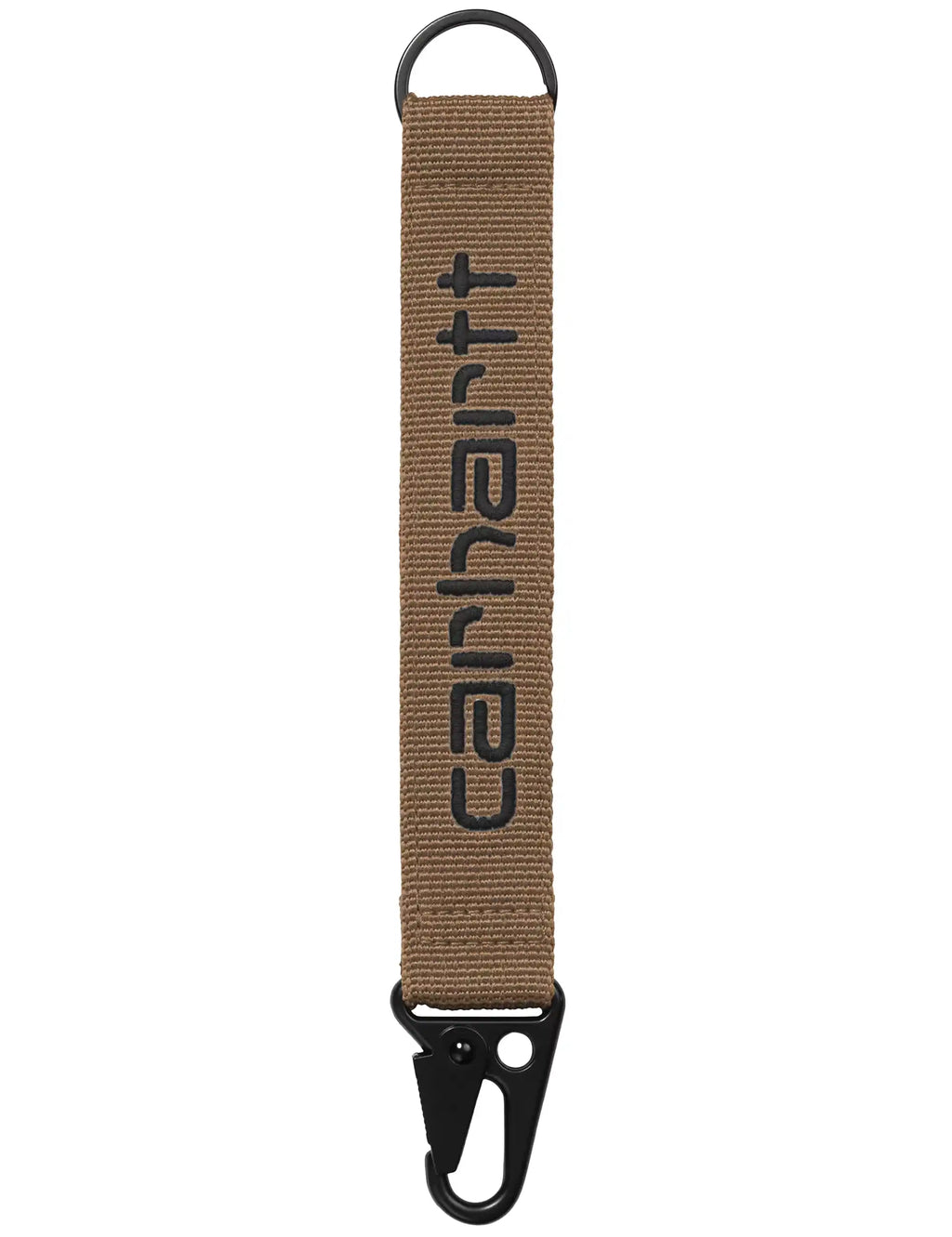 Brown key holder strap with Carhartt WIP logo, black metal clip and key ring