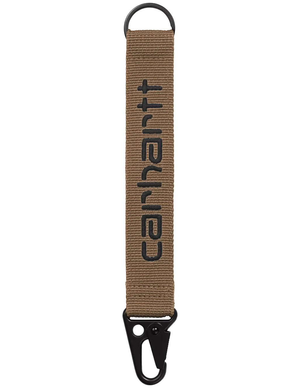 Tan key strap with black Carhartt WIP print and black metal spring clip