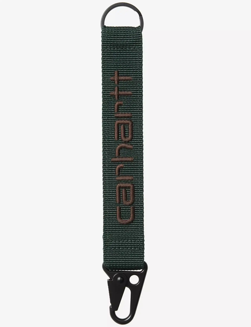 Dark green woven keyholder strap with Carhartt WIP lettering and black key clip