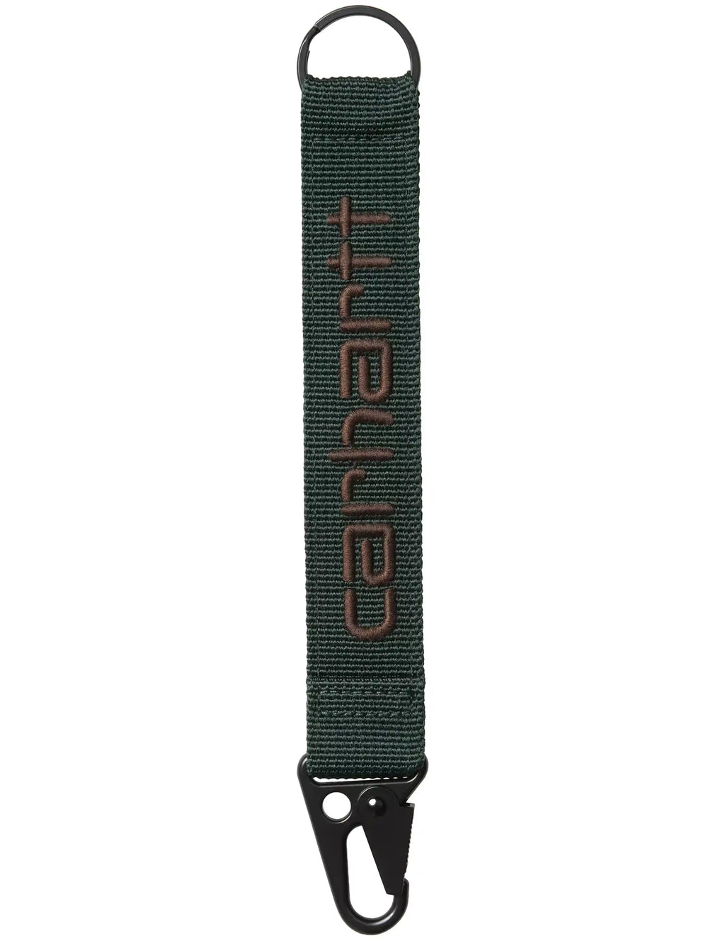 Dark green woven keyholder with Carhartt WIP lettering and black metal hook