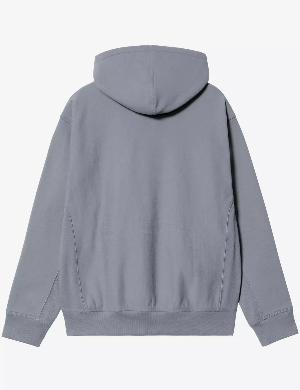 Shady blue hooded sweatshirt back view with full hood and curved hem