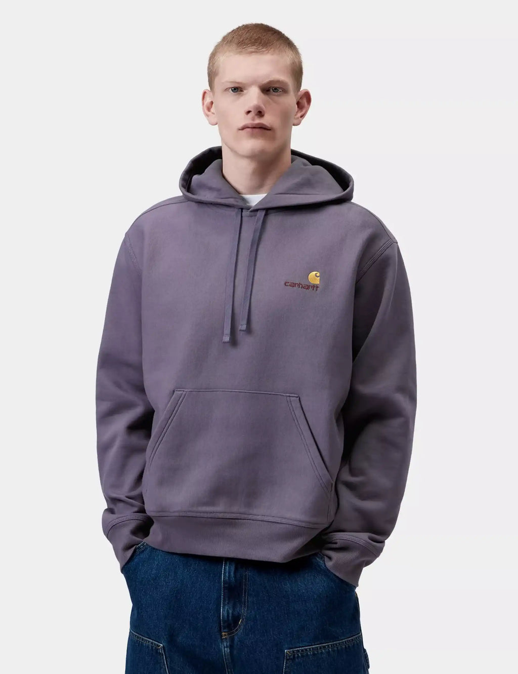 Shady purple hooded sweatshirt on model; drawstring hood, kangaroo pocket, chest logo