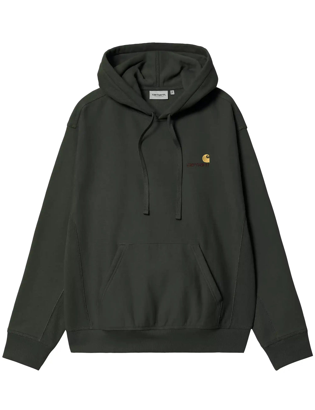 Dark green hooded sweatshirt with drawstring hood, front pouch pocket, chest logo patch