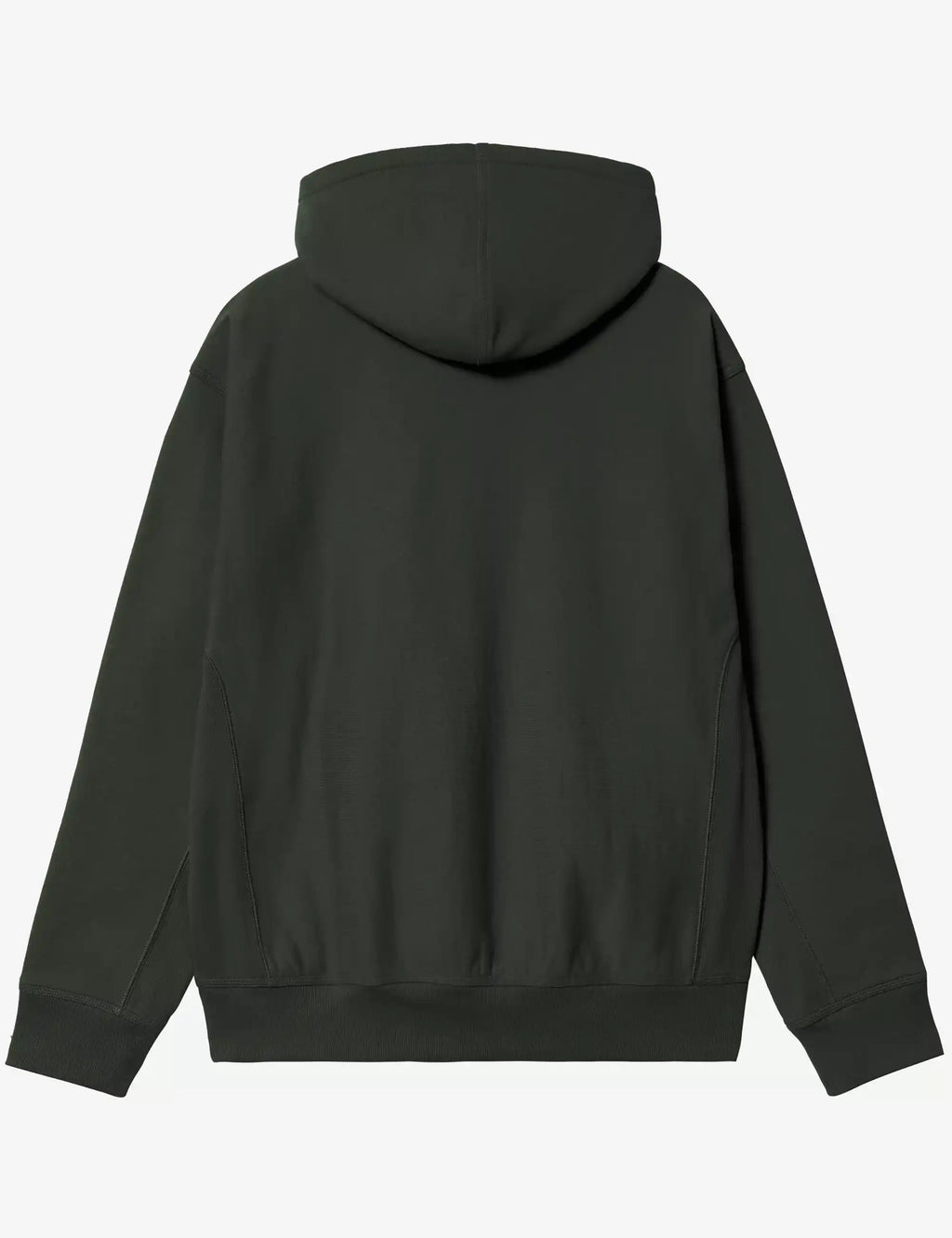 Dark green back view hooded sweatshirt with drawstring hood and ribbed cuffs