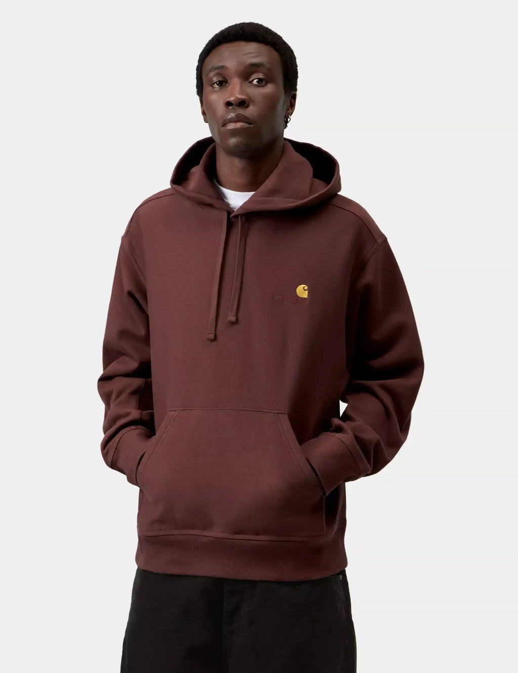 Carhartt WIP maroon pullover hoodie with drawstring hood, kangaroo pocket, chest logo