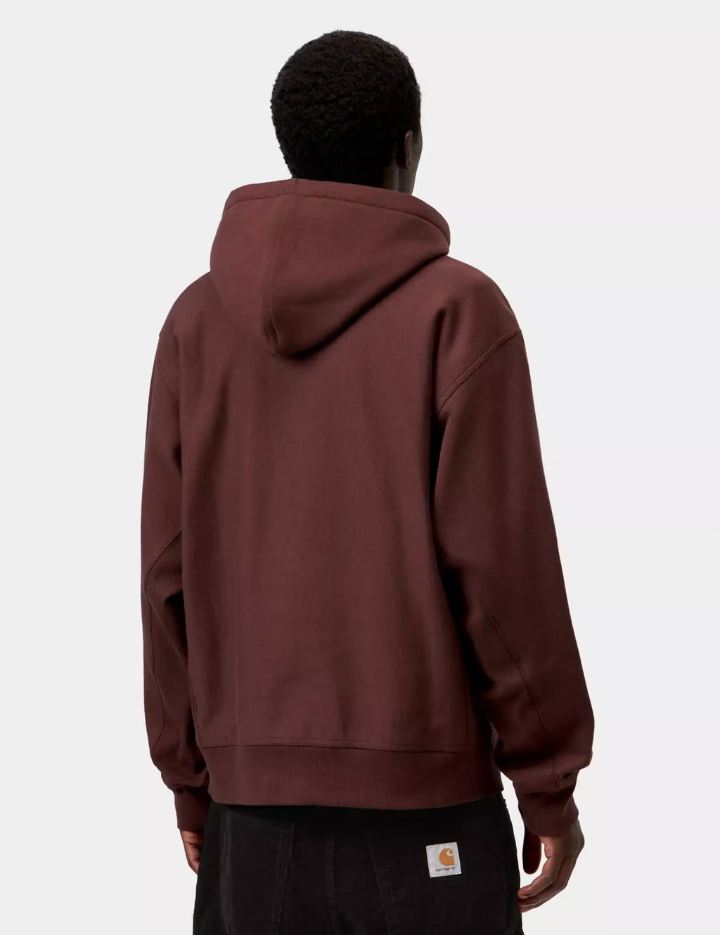 Carhartt WIP maroon back view hoodie with drawstring hood and ribbed cuffs