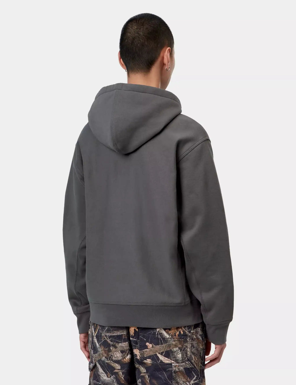 Graphite hooded sweatshirt, back view with drawstring hood and kangaroo pocket