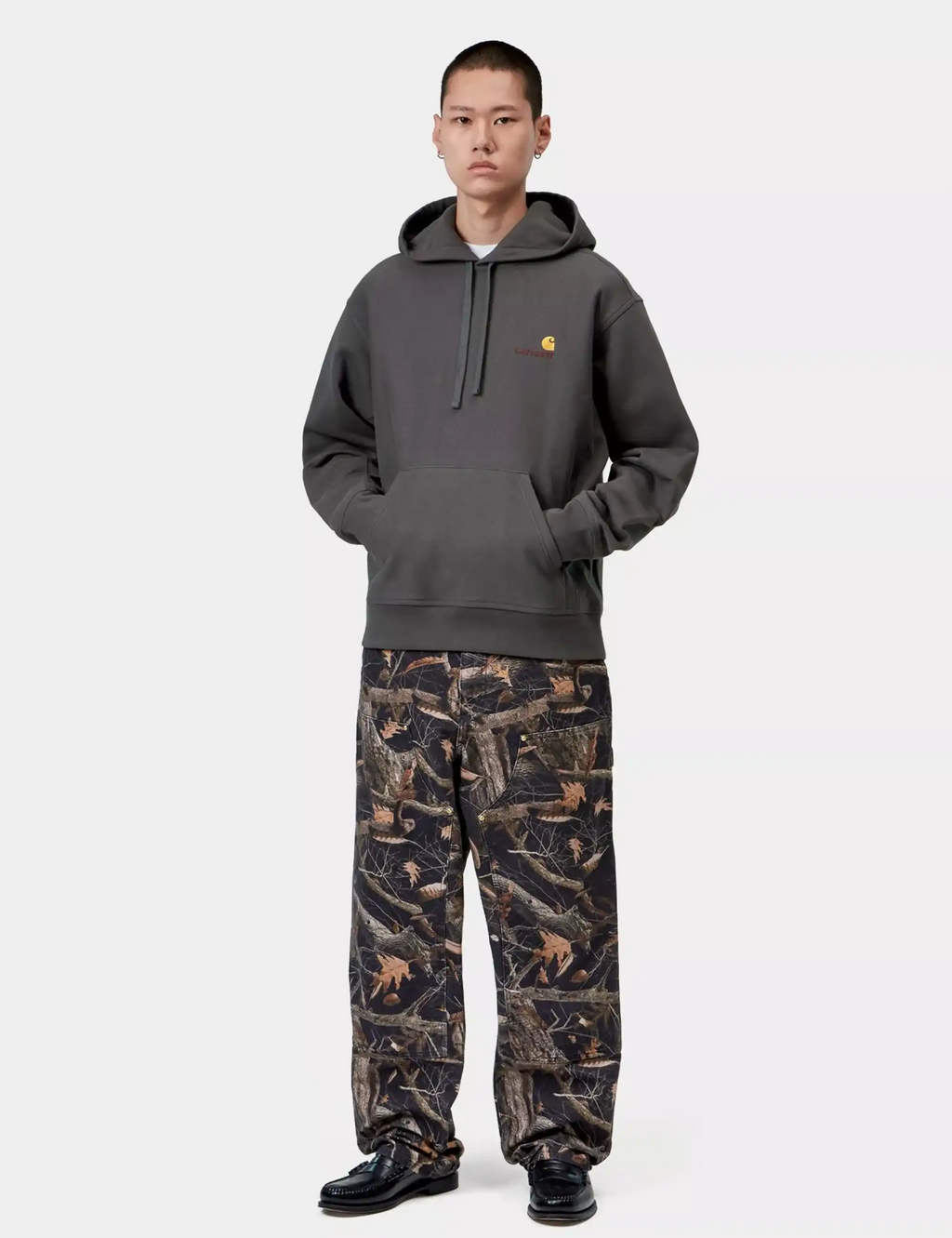 Graphite pullover hoodie with drawstring hood, kangaroo pocket, chest logo detail