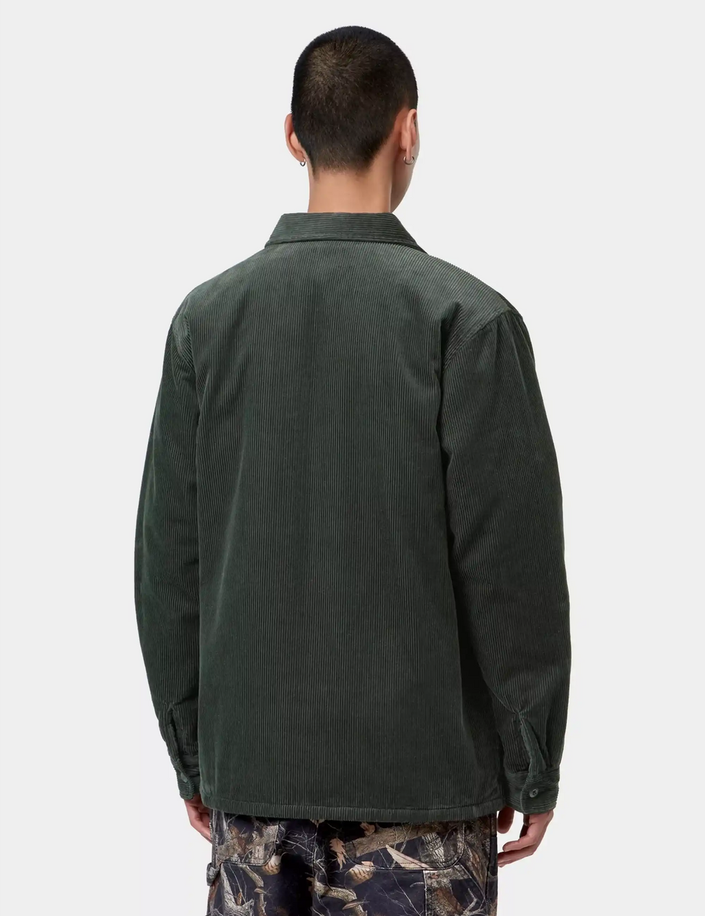 Dark green shirt-jacket back view with yoke seam and long sleeves