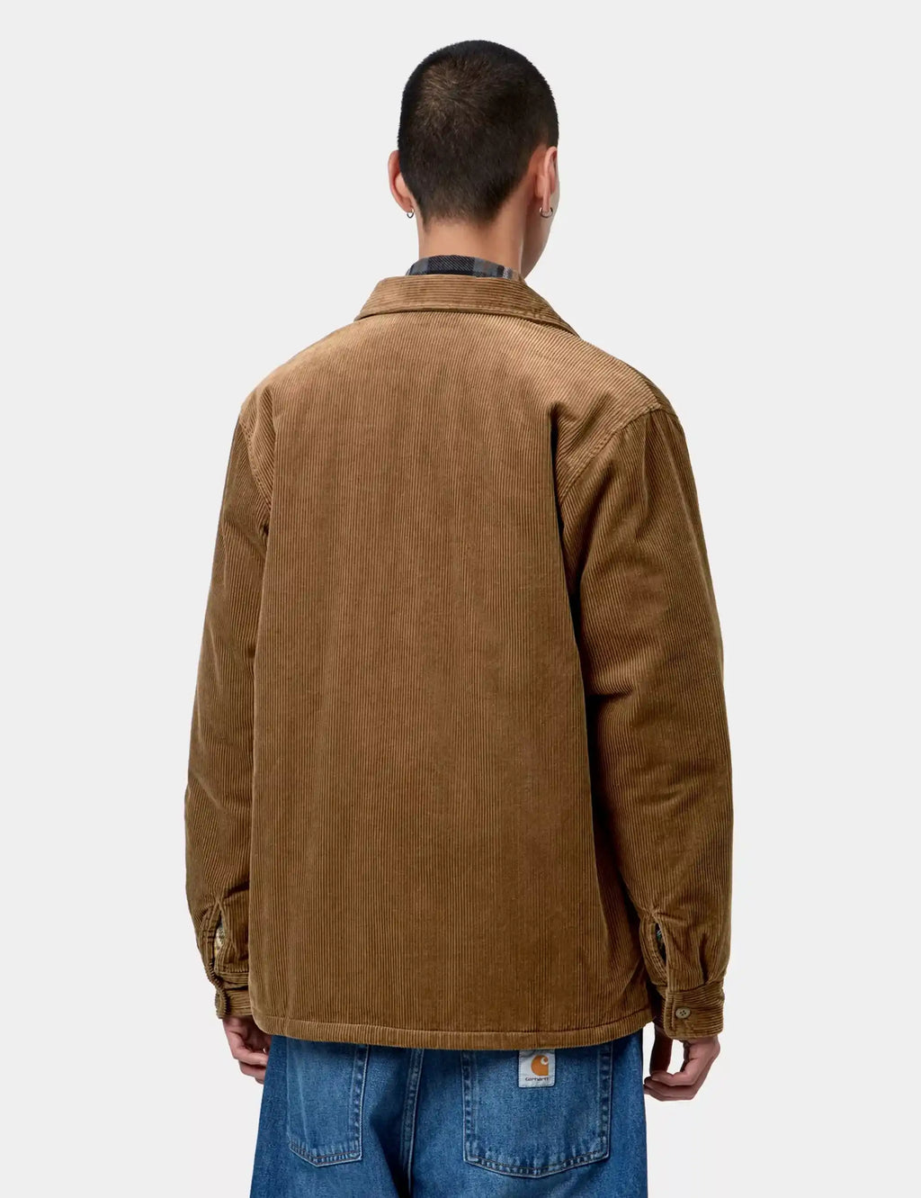 Brown shirt-jacket back view with button cuffs and yoke seam