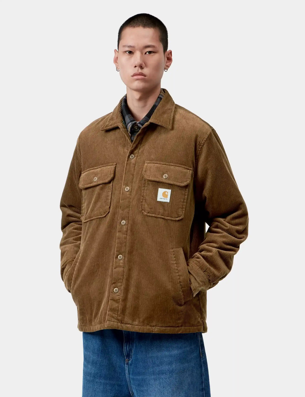 Brown shirt-jacket front view with two chest flap pockets and button front
