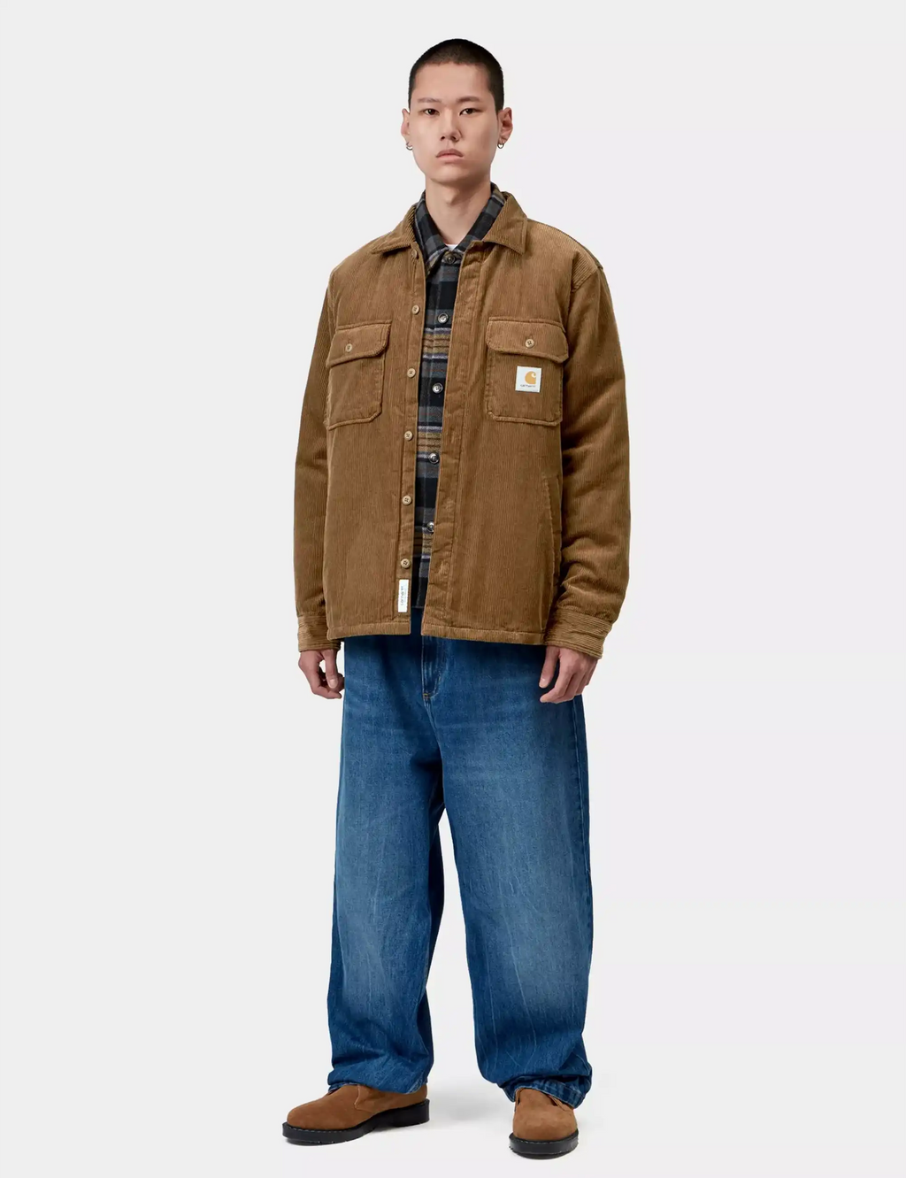 Brown shirt-jacket on model with stand collar, chest pockets, and button front