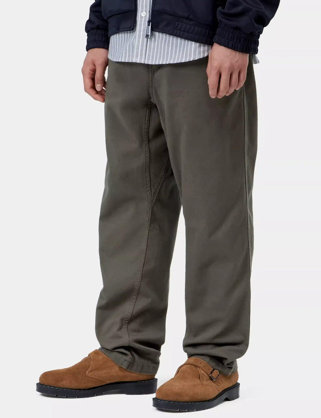 Olive Flint pant with side seam detailing, relaxed straight leg, ankle cuffs