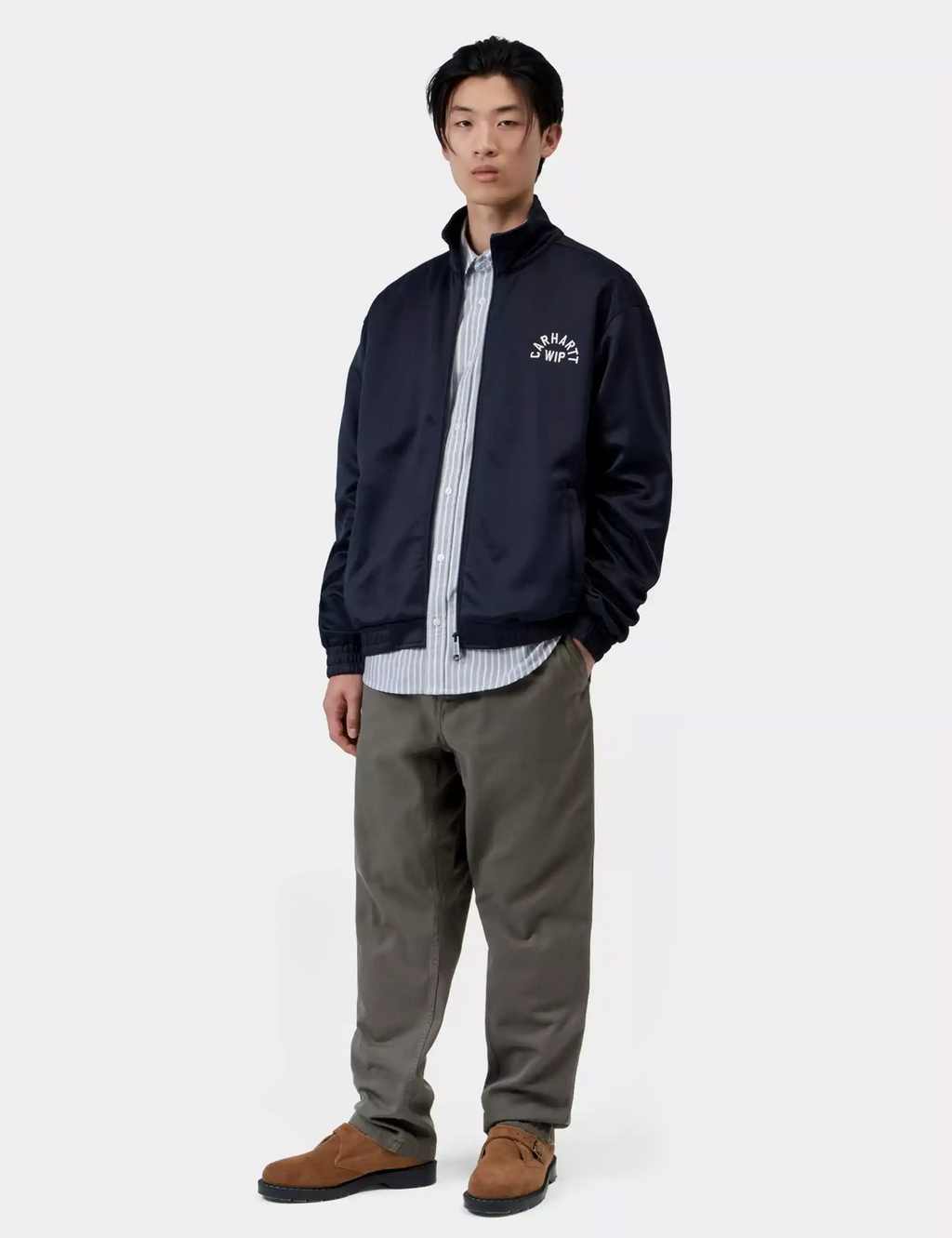 Olive Flint pant on model, relaxed fit with elastic waistband and ankle cuffs