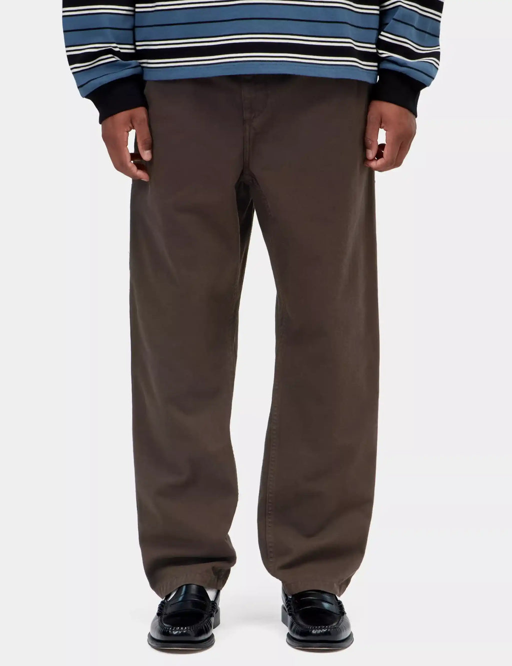 Brown work pants with tapered legs, cuffed hem, and side pockets
