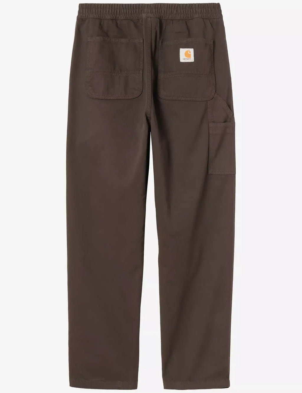 Brown pants with front pockets, utility pocket, and orange logo patch on back