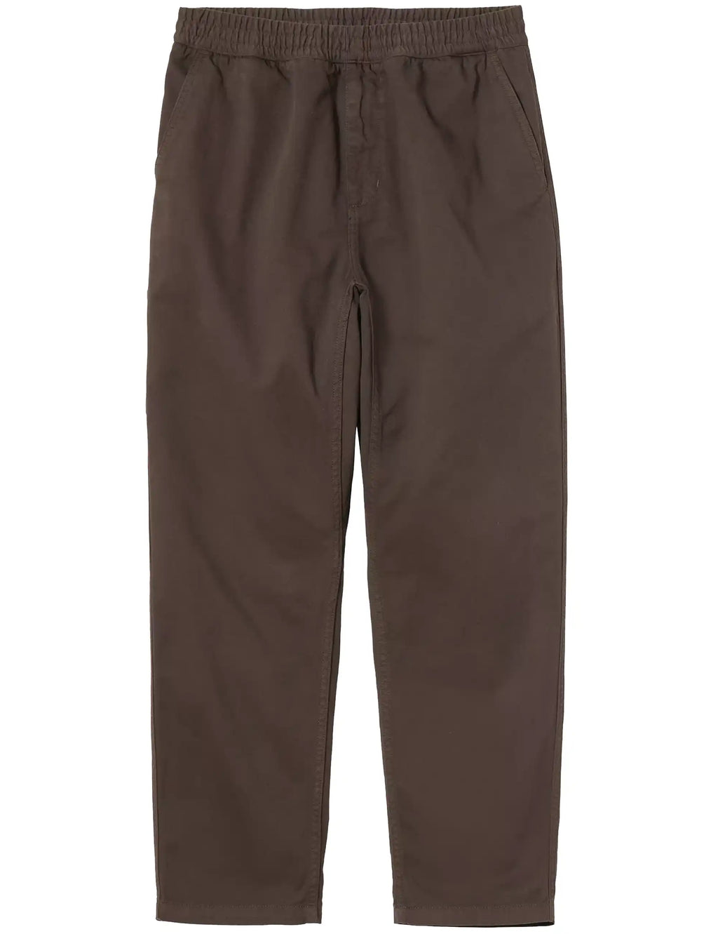 Brown drawstring pants with elastic waistband and straight legs