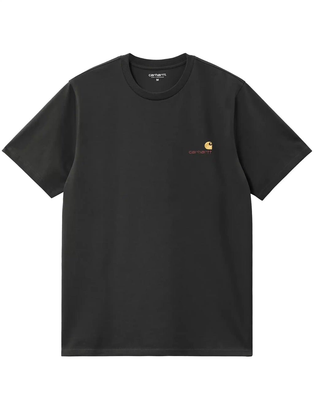 Carhartt WIP black crew-neck T-shirt with small chest script graphic, short sleeves