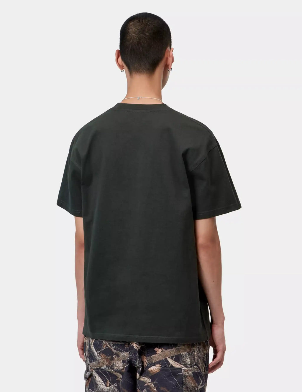 Black crew-neck T-shirt, back view; smooth fabric with no visible graphics