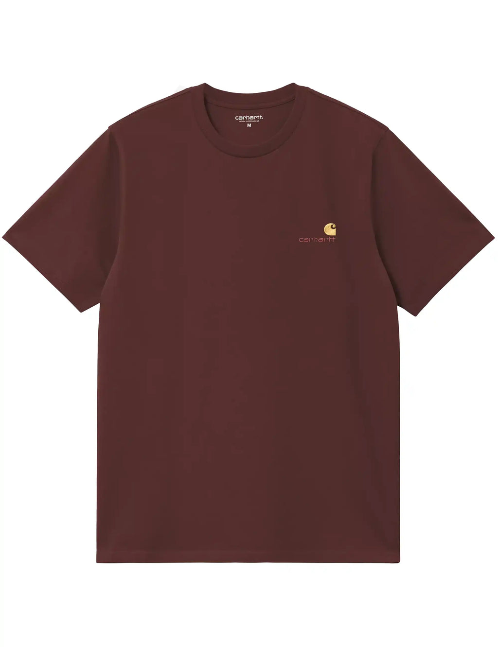 Maroon T-shirt with small Carhartt WIP script logo on left chest