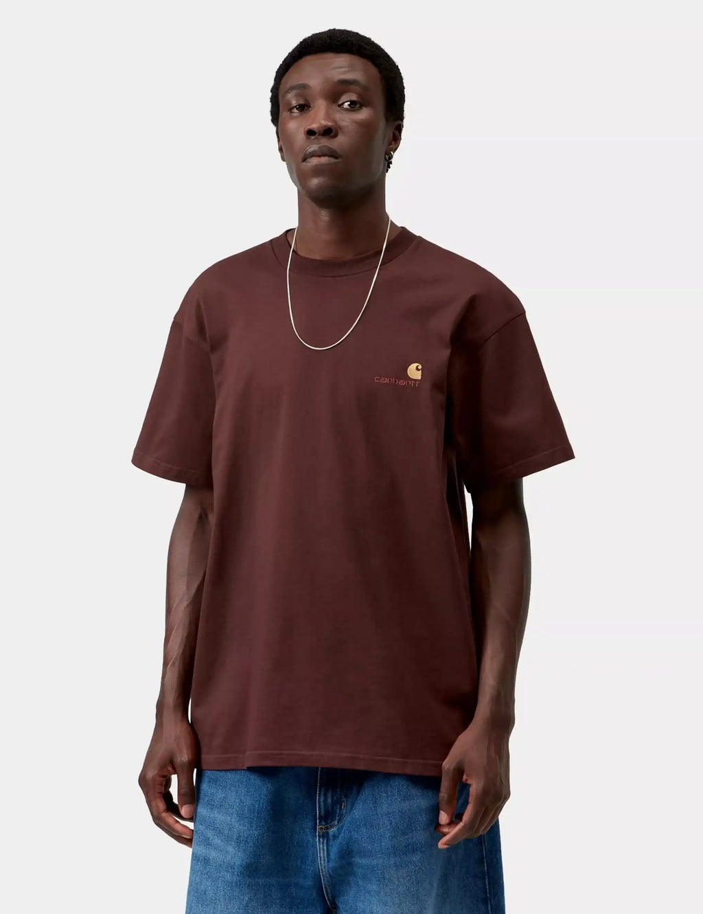 Maroon Carhartt WIP T-shirt with small left-chest script logo, short sleeves