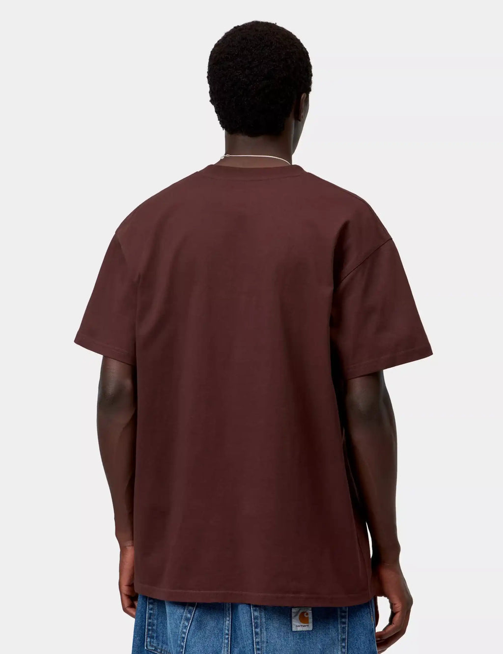 Maroon T-shirt back view with crew neck and short sleeves, no visible print