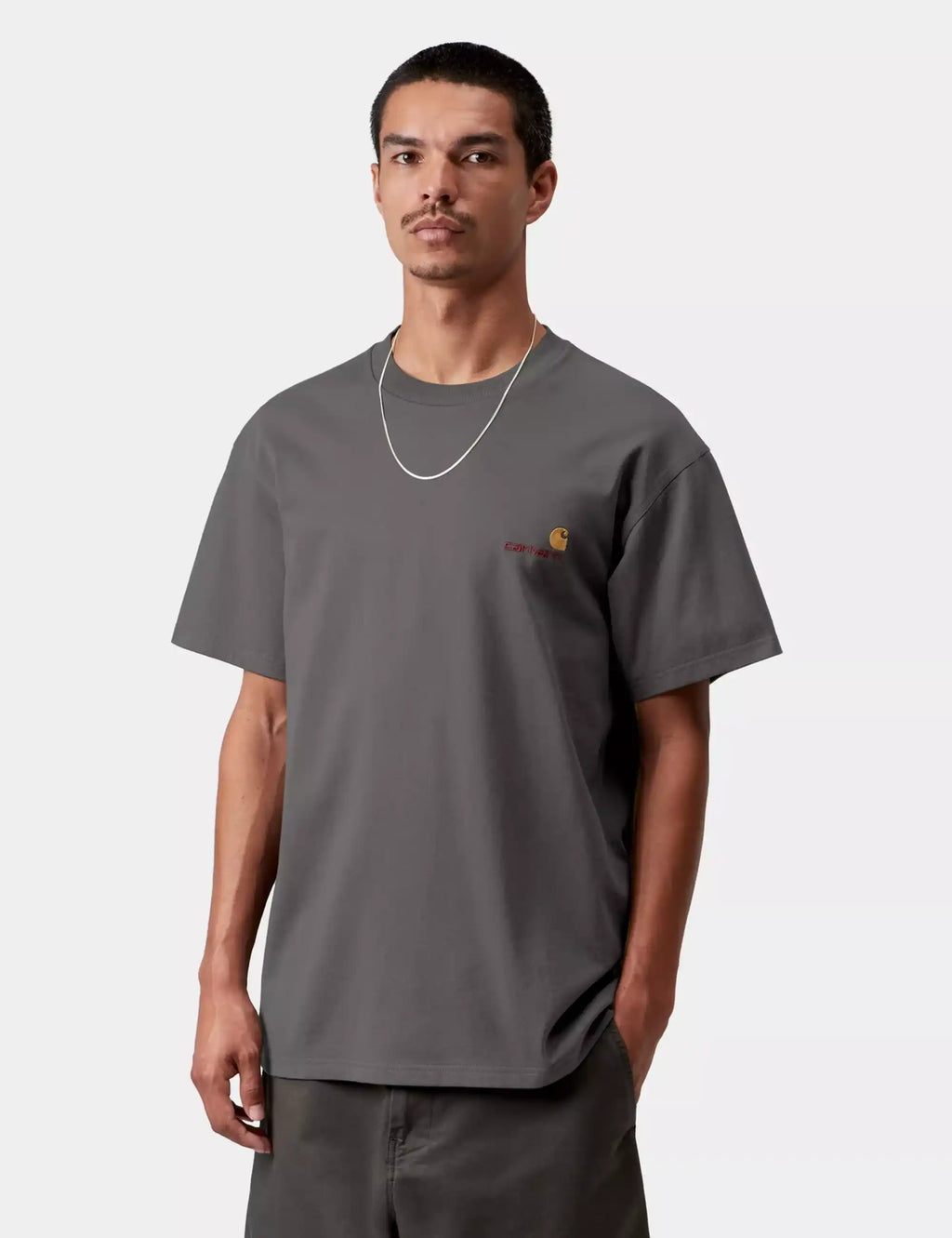 Graphite Carhartt WIP script logo T-shirt on model, crew neck short sleeves