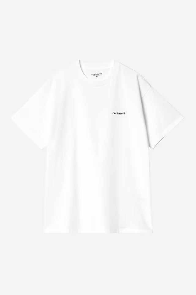 White crew-neck T-shirt with small black script embroidery on chest