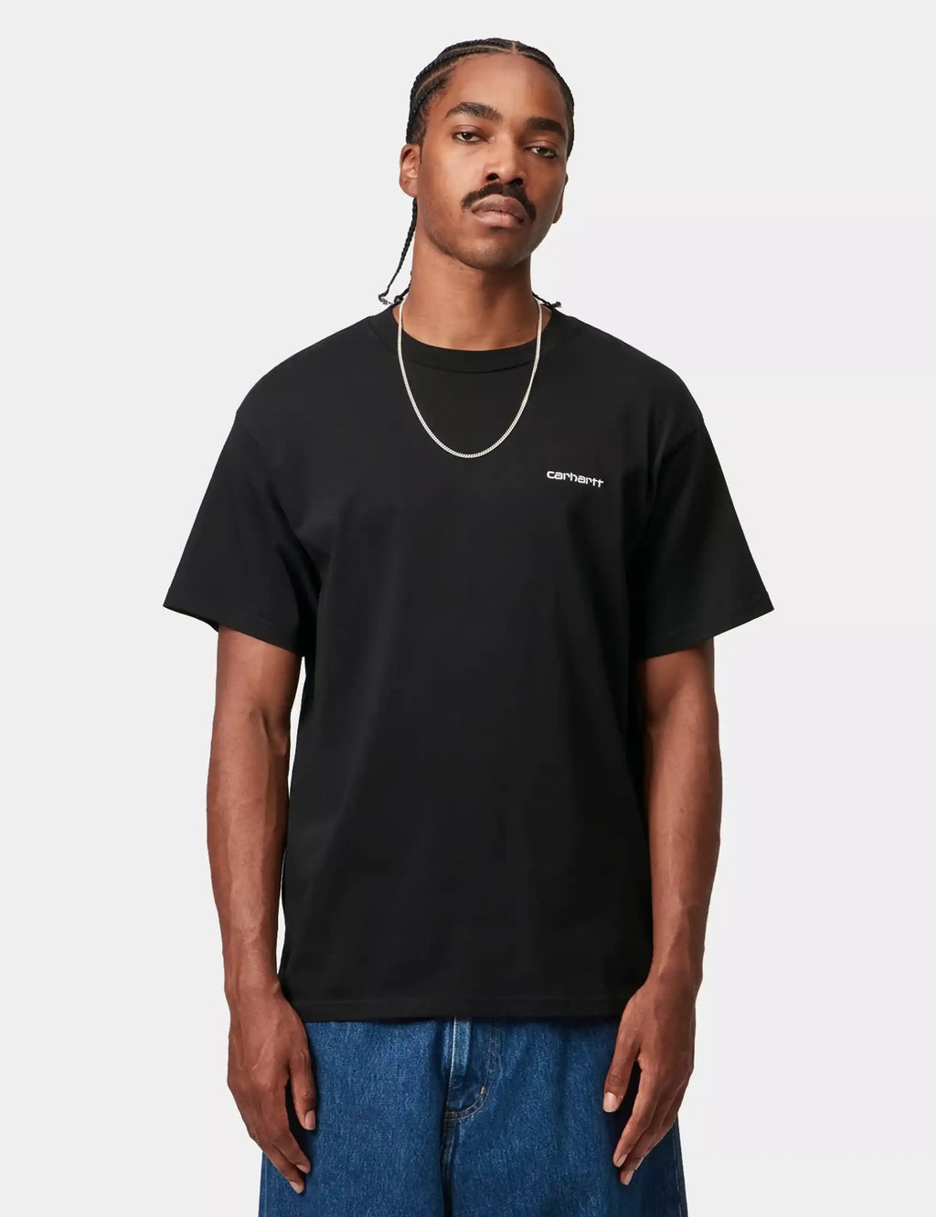 Black short-sleeve crew-neck T-shirt with chest script embroidery
